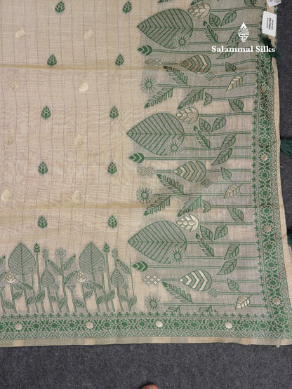 Beautiful Cream Sandal Thread Work Butta Muga Cotton Saree With Contrast Bottle Green Border