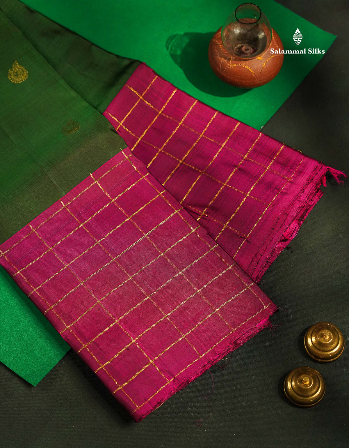 Beautiful Bottle Green Pure Kanjivaram Silk Saree With Contrast Magenta Checks Border