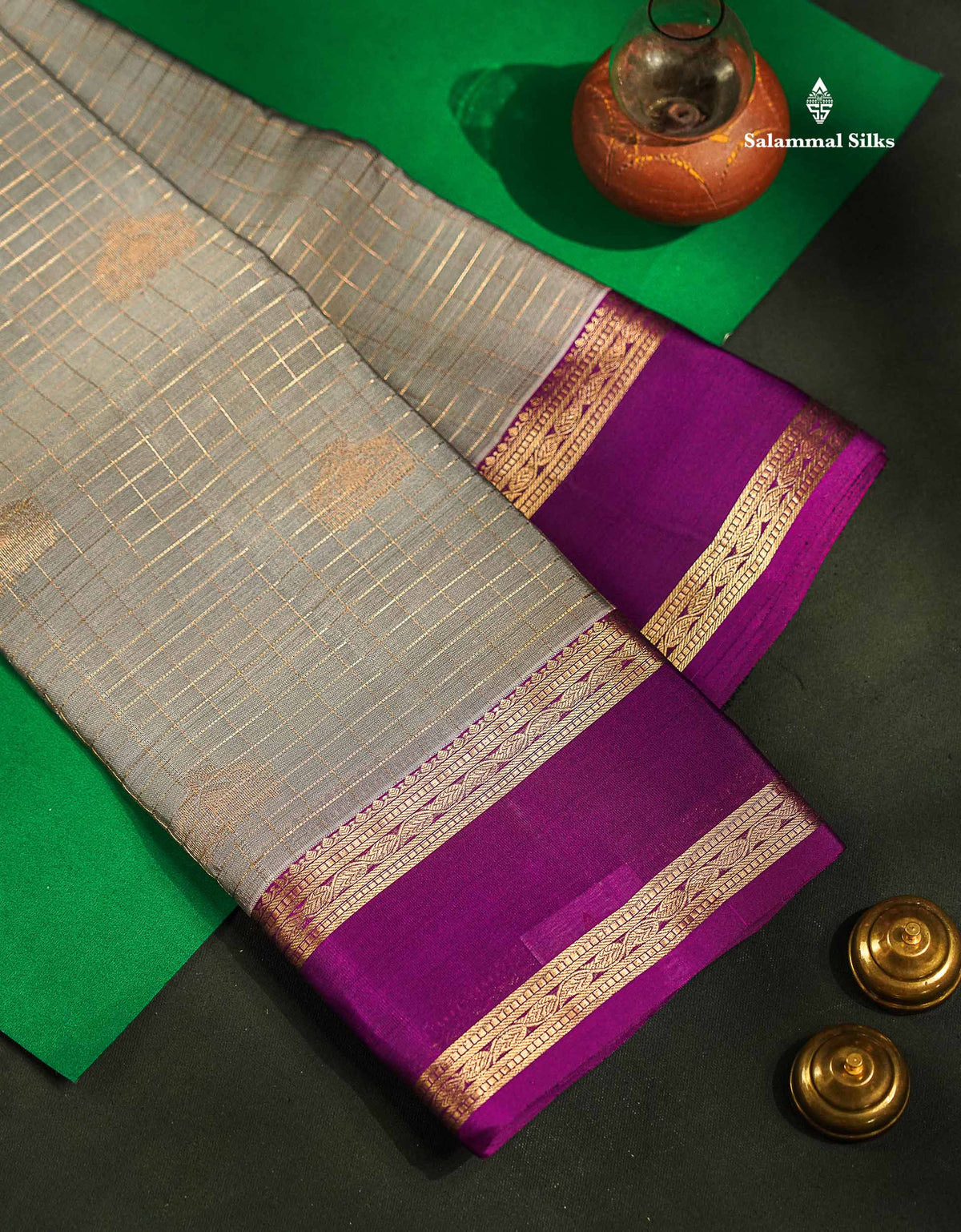 Beautiful Grey Traditional Checks And Buttas Pure Kanjivaram Silk Saree With Contrast Violet Border