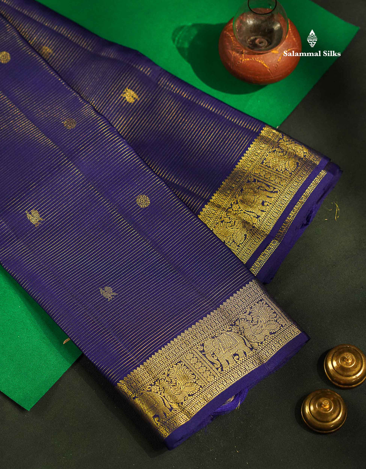 Pure Kanjivaram Silk Saree - Navy Blue Colour Body Vaira Oosi Lines With Butta & Traditional Small Border