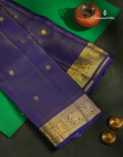 Pure Kanjivaram Silk Saree - Navy Blue Colour Body Vaira Oosi Lines With Butta & Traditional Small Border