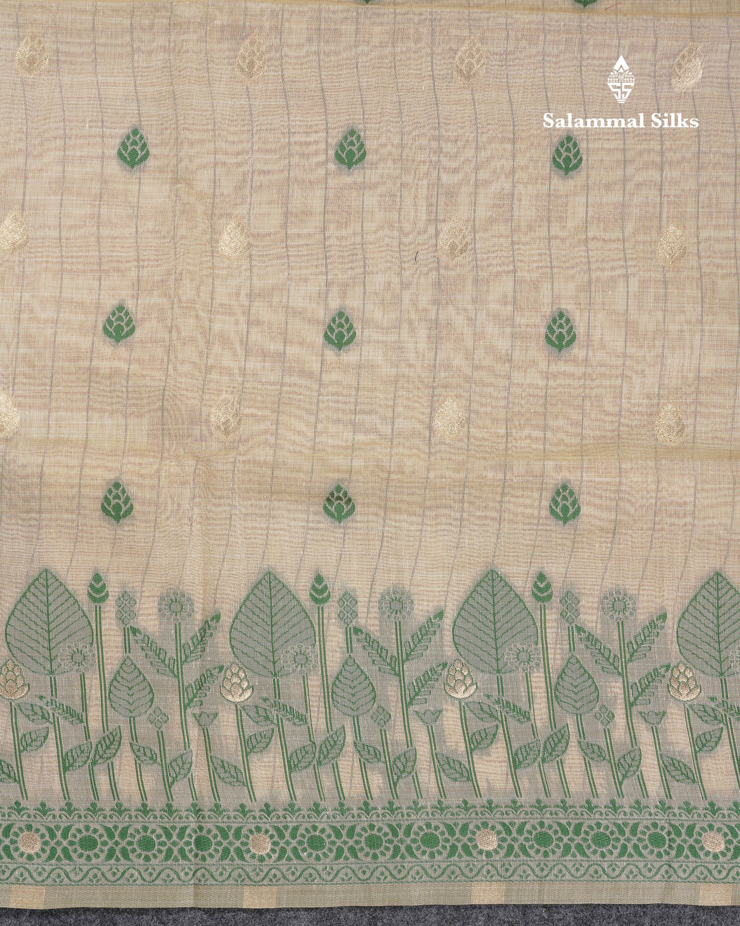 Beautiful Cream Sandal Thread Work Butta Muga Cotton Saree With Contrast Bottle Green Border