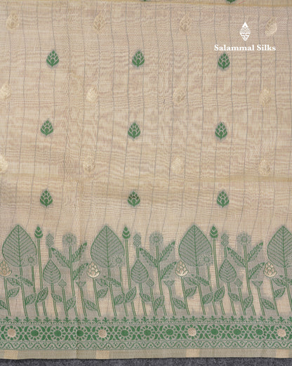 Beautiful Cream Sandal Thread Work Butta Muga Cotton Saree With Contrast Bottle Green Border
