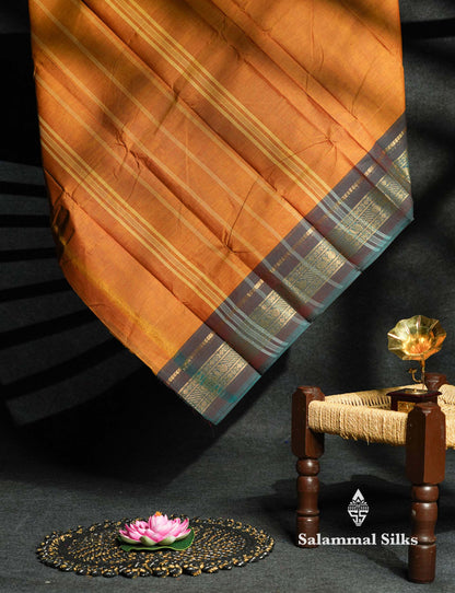Beautiful Grey Plain Pure Chettinad Cotton Saree With Traditional Navy Blue Border
