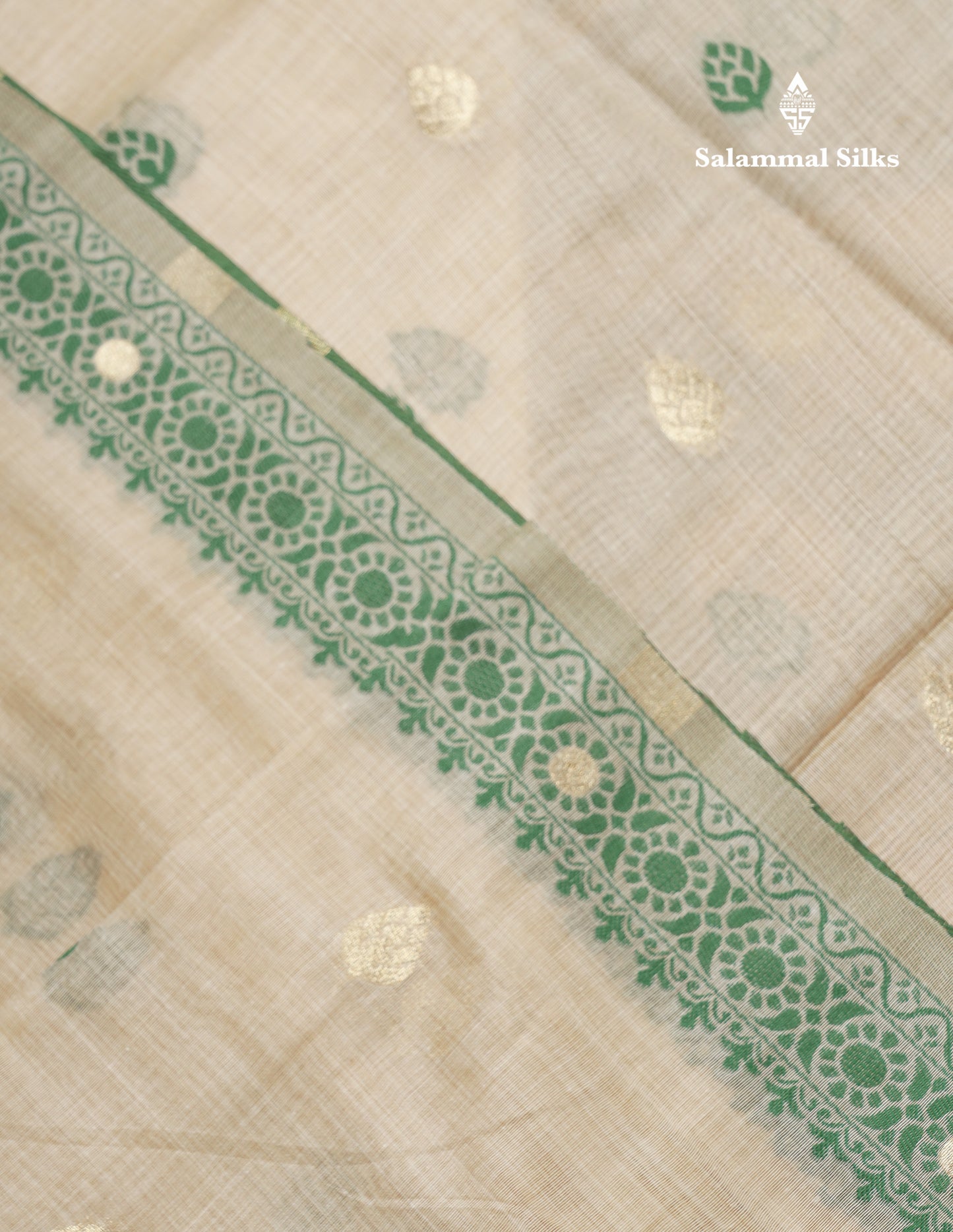 Beautiful Cream Sandal Thread Work Butta Muga Cotton Saree With Contrast Bottle Green Border