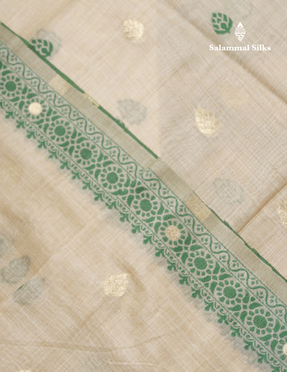 Beautiful Cream Sandal Thread Work Butta Muga Cotton Saree With Contrast Bottle Green Border