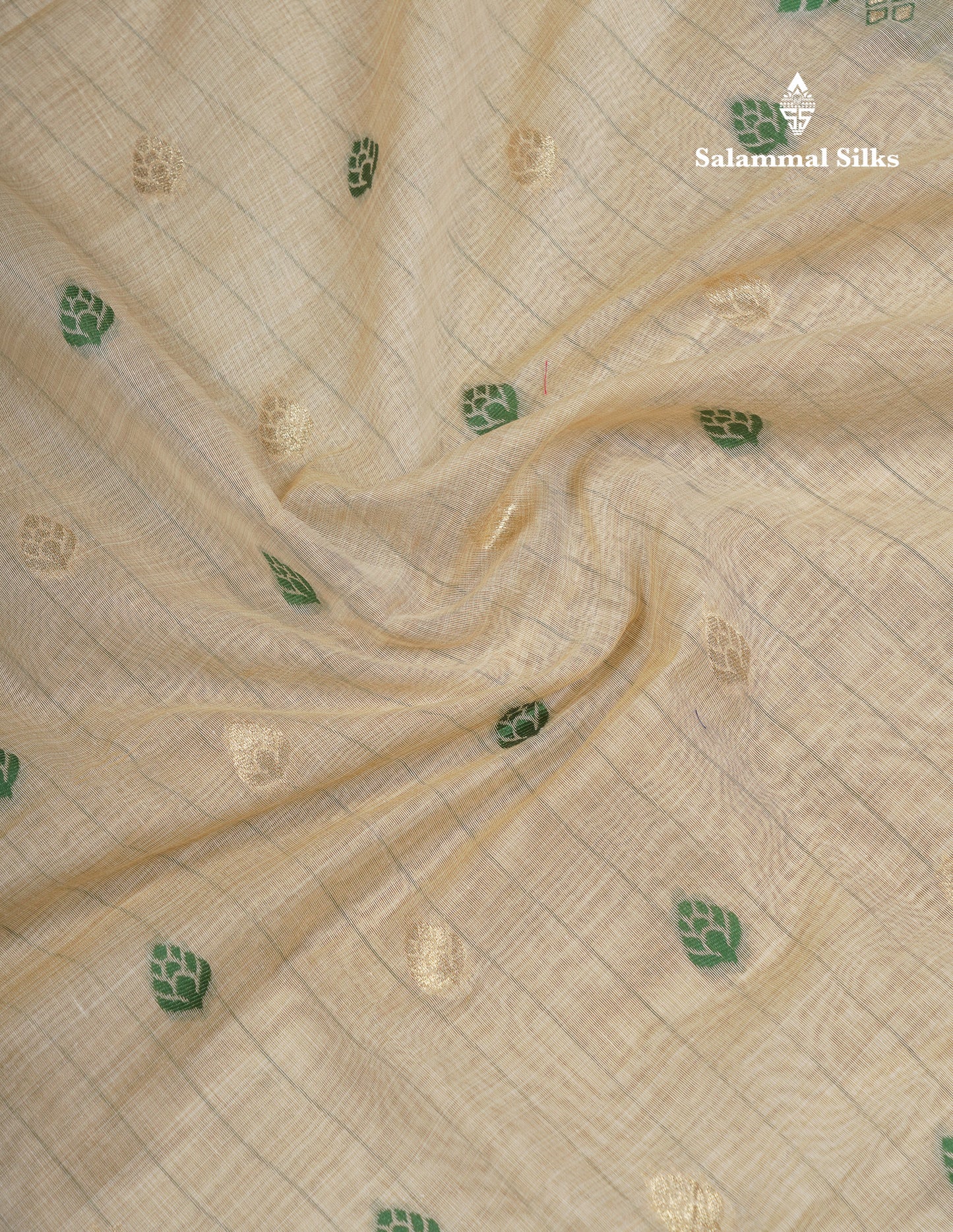 Beautiful Cream Sandal Thread Work Butta Muga Cotton Saree With Contrast Bottle Green Border