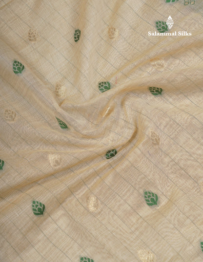 Beautiful Cream Sandal Thread Work Butta Muga Cotton Saree With Contrast Bottle Green Border