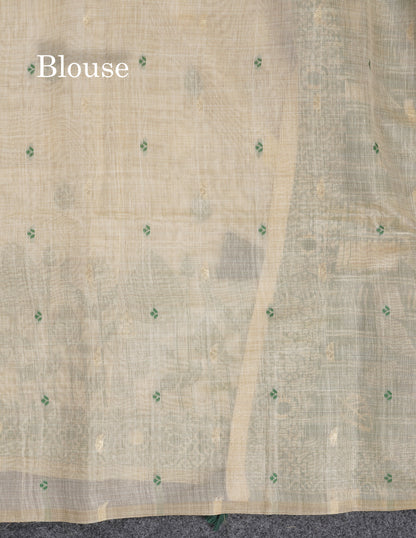 Beautiful Cream Sandal Thread Work Butta Muga Cotton Saree With Contrast Bottle Green Border