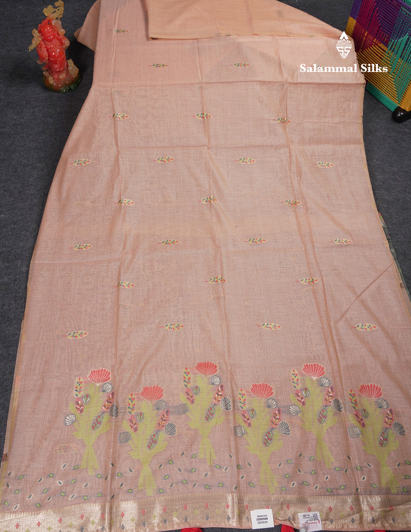 Beautiful Light Lavender Menakari Work Butta Muga Cotton Saree With Contrast Peacock Green Blouse