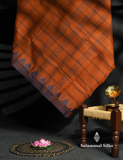 Beautiful Mustard Yellow Thread Checks  Pure Chettinad Cotton Saree With Navy Blue Traditional Temple Border