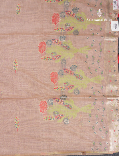 Beautiful Light Lavender Menakari Work Butta Muga Cotton Saree With Contrast Peacock Green Blouse