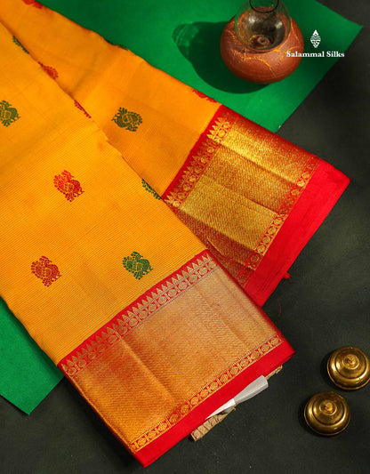 Beautiful Yellow Thread Work Butta Pure Kanjivaram Pure Silk Saree With Contrast Chilly Red Traditional Border