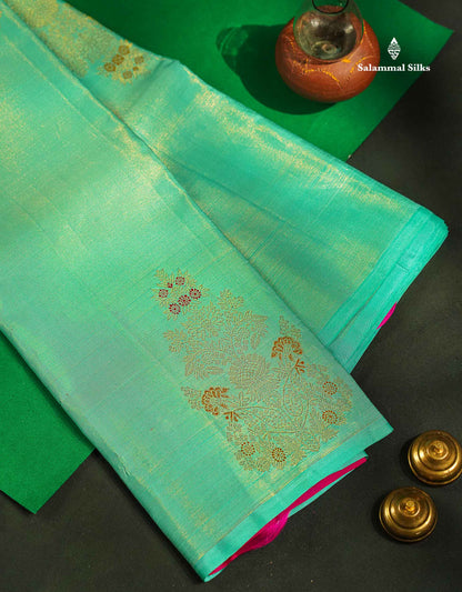 Beautiful Peach Fancy Vairaoosi Menakari Work Pure Kanjivaram Silk Saree with Contrast Pink Blouse