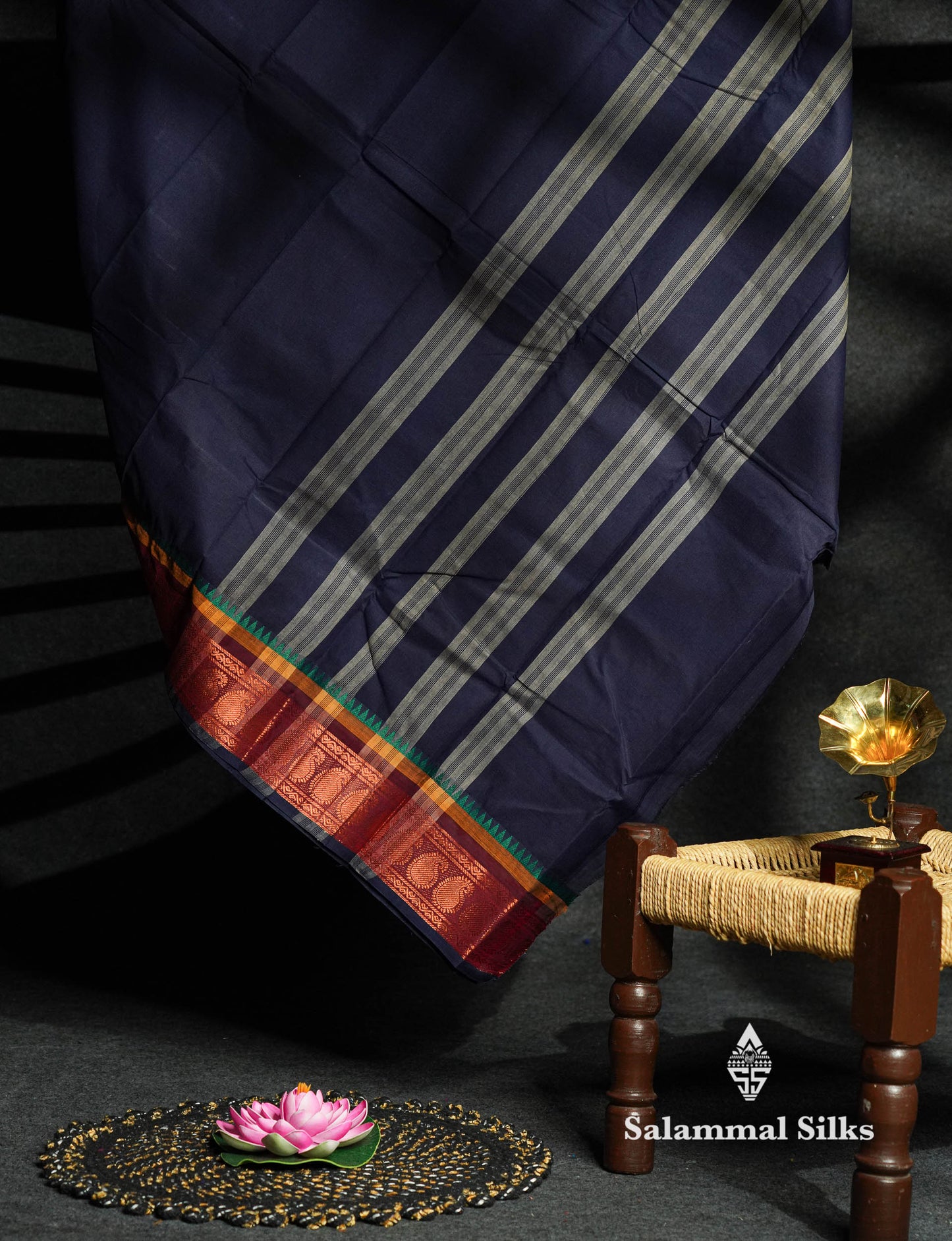 Beautiful Navy Blue Plain Pure Chettinad Cotton Saree With Maroon Traditional Border