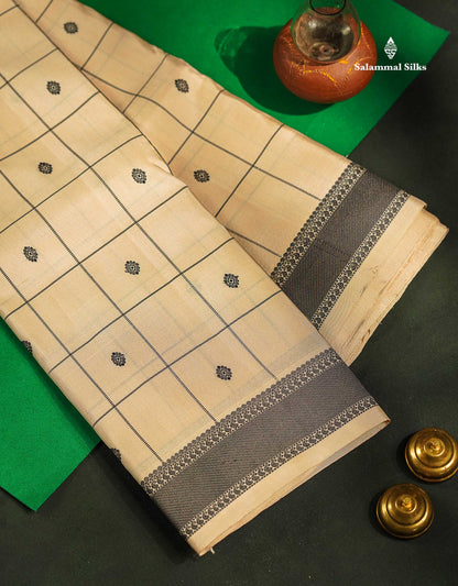 Beautiful Zari less Cream Sandal Checks With Butta Pure Kanjivaram Silk Saree With Contrast Black Traditional Border (No Zari)