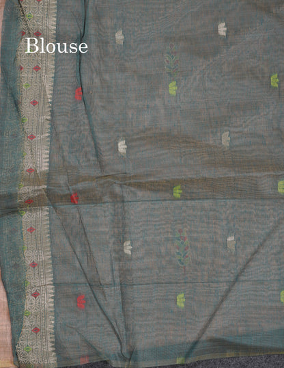 Beautiful Light Lavender Menakari Work Butta Muga Cotton Saree With Contrast Peacock Green Blouse