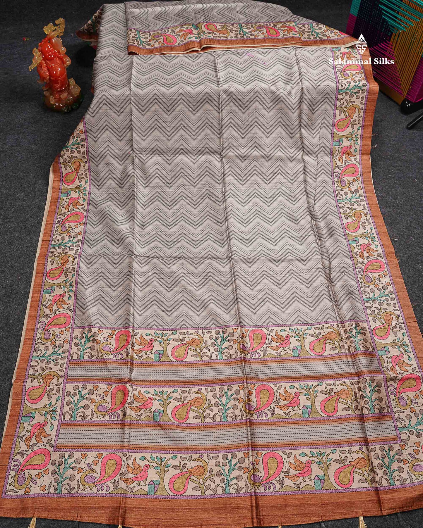 Beautiful Light Grey Wave Design Semi Tussar Fancy Saree With Contrast Brown Blouse