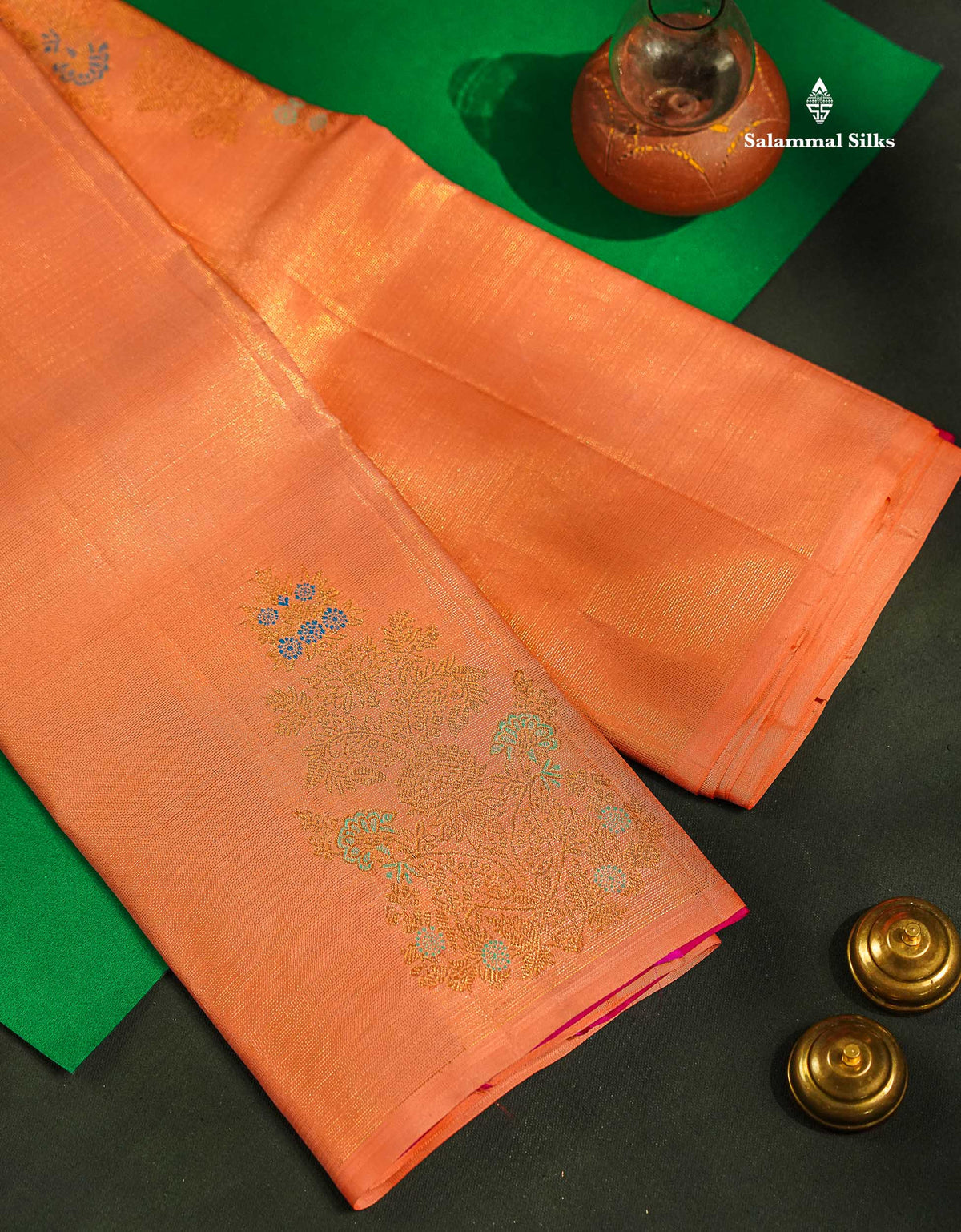Beautiful Peach Fancy Vairaoosi Menakari Work Pure Kanjivaram Silk Saree with Contrast Pink Blouse