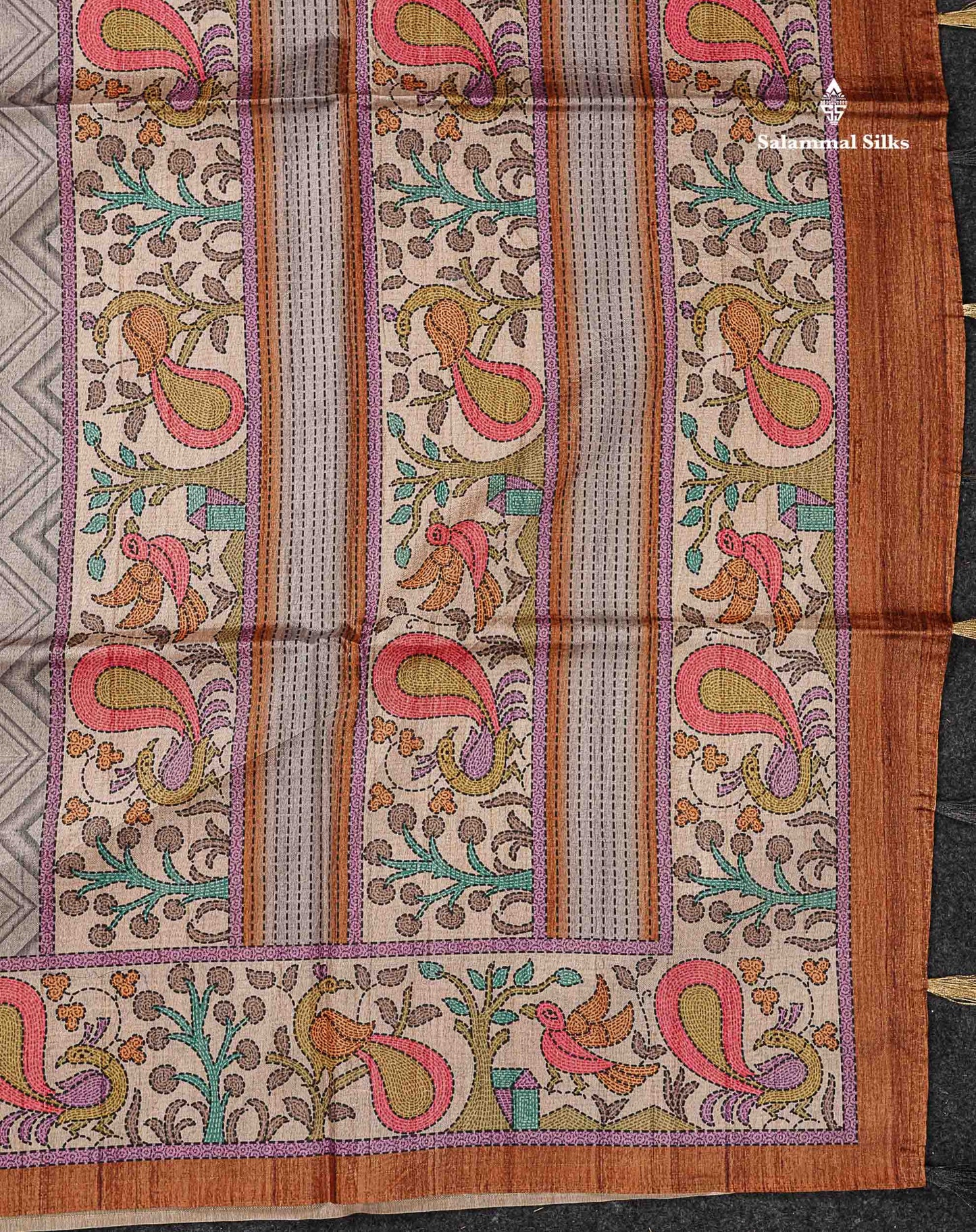 Beautiful Light Grey Wave Design Semi Tussar Fancy Saree With Contrast Brown Blouse