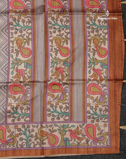 Beautiful Light Grey Wave Design Semi Tussar Fancy Saree With Contrast Brown Blouse