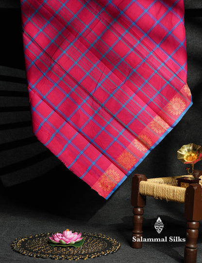 Pink Beautiful Checks Chettinad Pure Cotton Saree With Self Thread Work Border