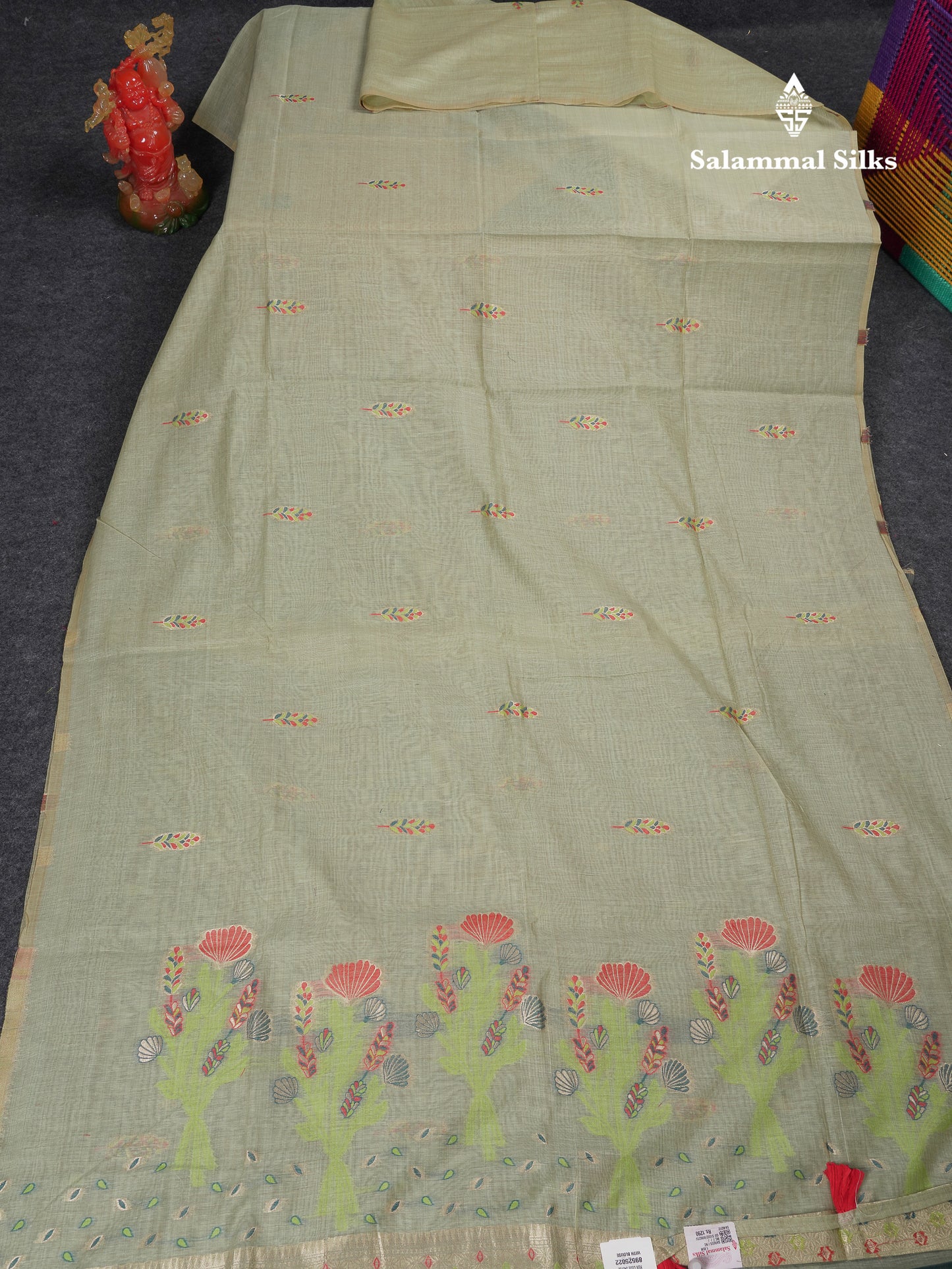 Beautiful Light Lavender Menakari Work Butta Muga Cotton Saree With Contrast Peacock Green Blouse
