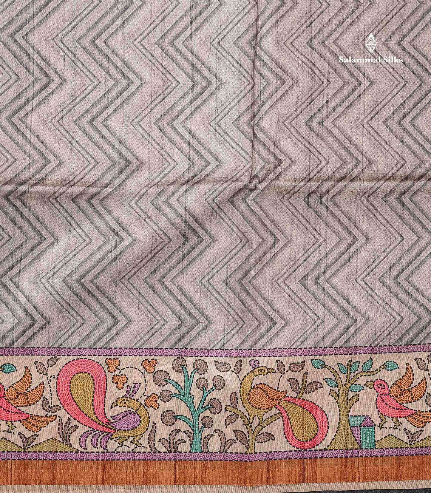 Beautiful Light Grey Wave Design Semi Tussar Fancy Saree With Contrast Brown Blouse