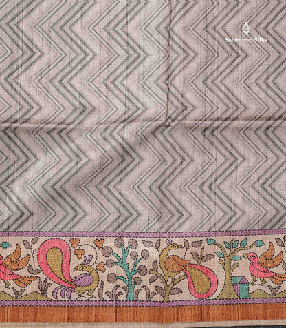 Beautiful Light Grey Wave Design Semi Tussar Fancy Saree With Contrast Brown Blouse