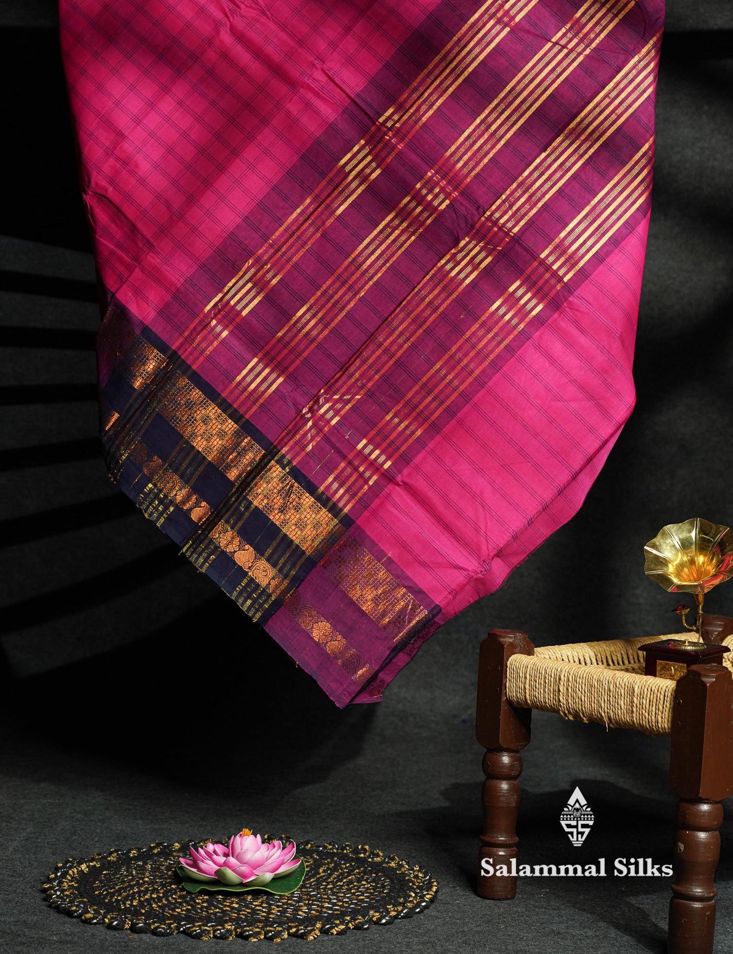Beautiful Pink Thread Checks Pure Chetinad Cotton Saree With Violet Traditional Border