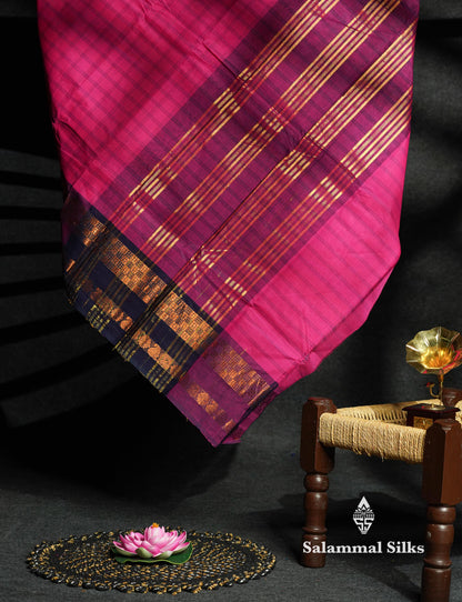 Beautiful Pink Thread Checks Pure Chetinad Cotton Saree With Violet Traditional Border