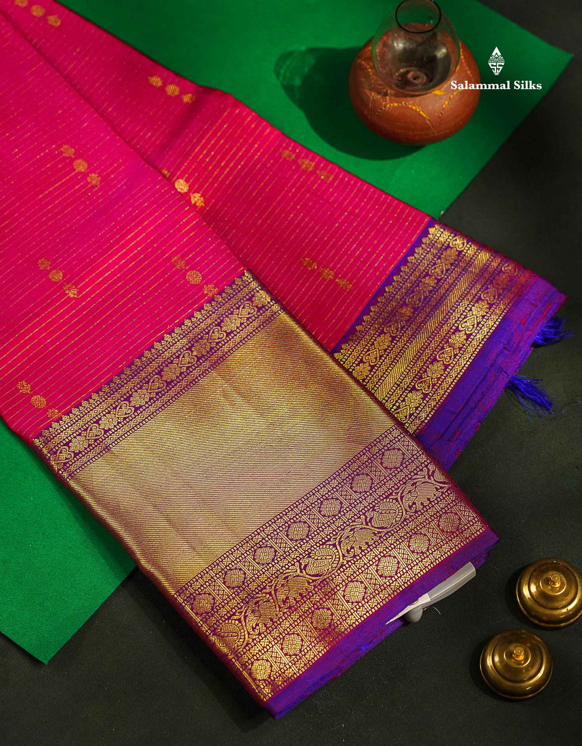 Magenta Vairaoosi Lines And Buttas Beautiful Pure Kanjivaram Silk Saree With Violet Evening Morning Border