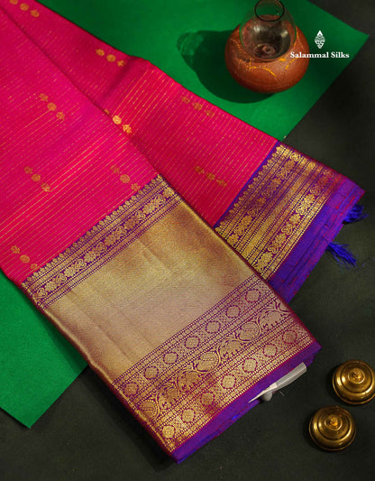 Magenta Vairaoosi Lines And Buttas Beautiful Pure Kanjivaram Silk Saree With Violet Evening Morning Border