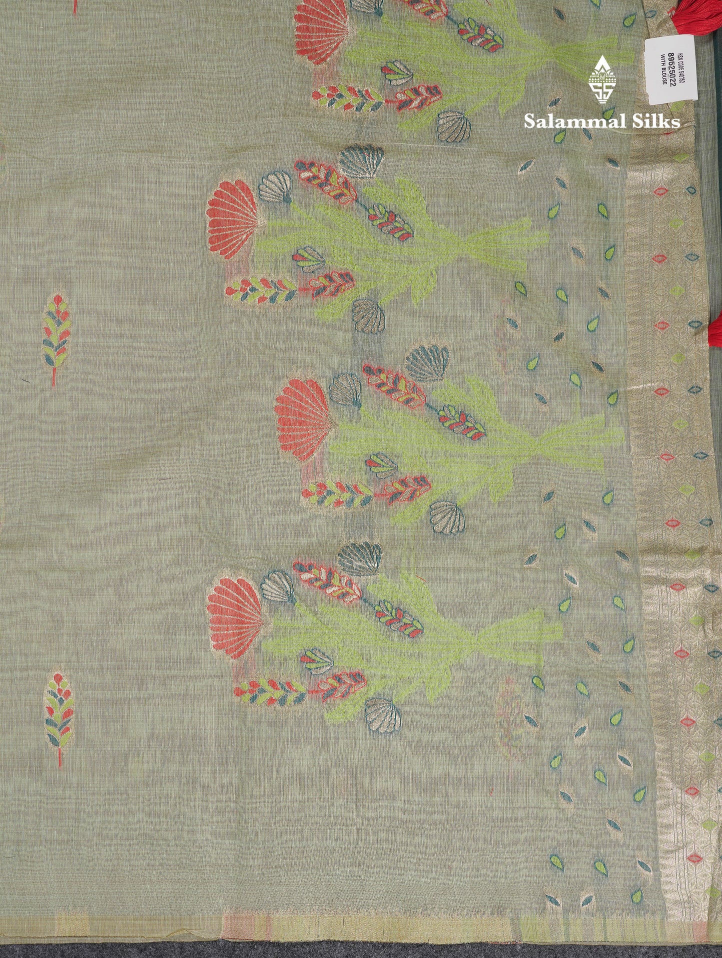 Beautiful Light Lavender Menakari Work Butta Muga Cotton Saree With Contrast Peacock Green Blouse