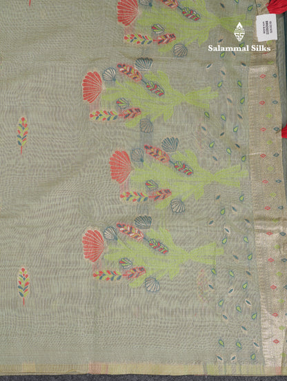 Beautiful Light Lavender Menakari Work Butta Muga Cotton Saree With Contrast Peacock Green Blouse