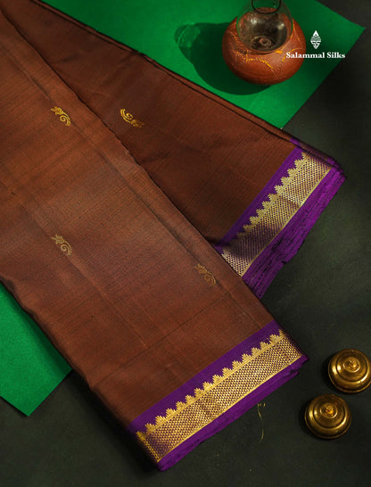 Pure Kanjivaram Silk Saree - Rust Brown Colour Body Small Butta With Contrast Wine Purple Small Border