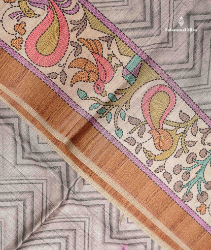 Beautiful Light Grey Wave Design Semi Tussar Fancy Saree With Contrast Brown Blouse