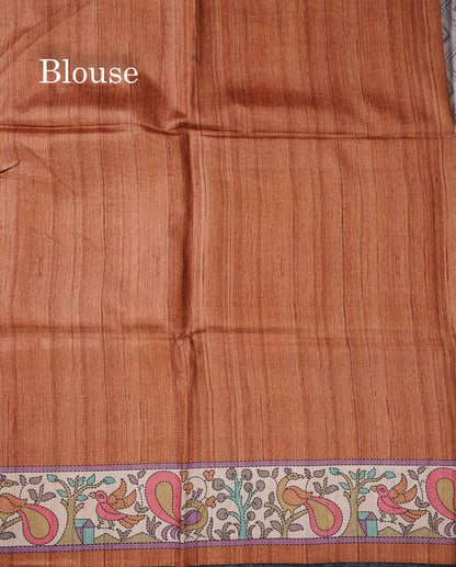 Beautiful Light Grey Wave Design Semi Tussar Fancy Saree With Contrast Brown Blouse