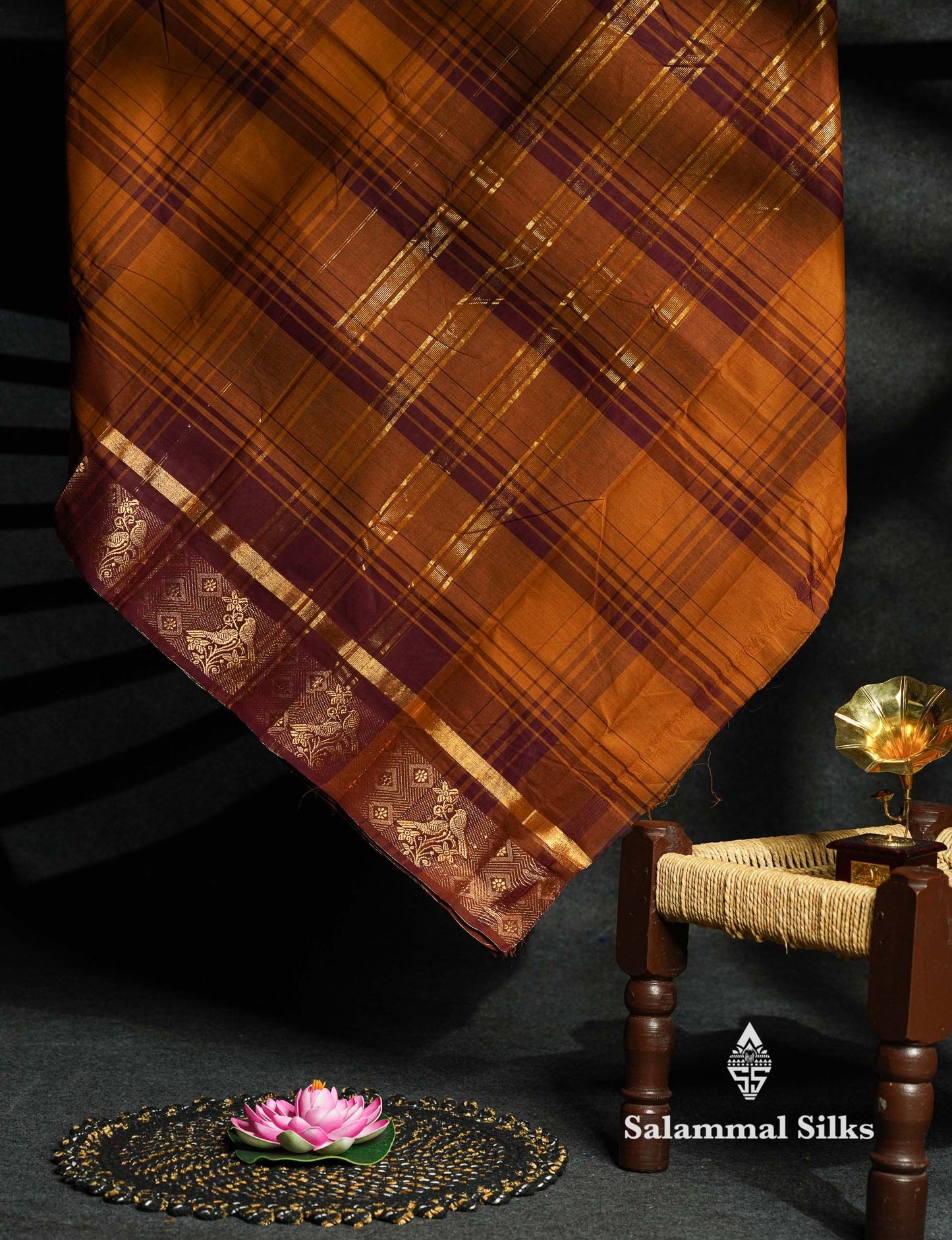 Beautiful Black And White Checks Pure Chettinad Pure Cotton Saree With Traditional Gold Zari Border