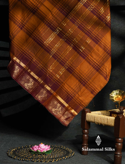 Beautiful Black And White Checks Pure Chettinad Pure Cotton Saree With Traditional Gold Zari Border