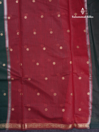 Beautiful Bottle Green Maheshwar Cotton Saree With Contrast Maroon Blouse
