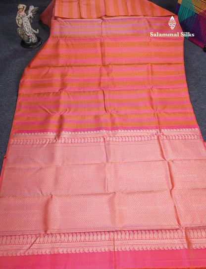Beautiful Rust Orange And Light Pink Striped Lines Fancy Pure Kanjivaram Silk Saree With Light Pink Blouse