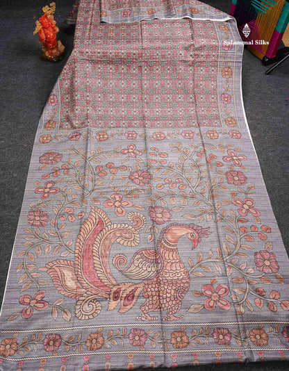 Beautiful Light Maroon Semi Tussar Fancy Saree With Contrast Light Grey Floral Design Border