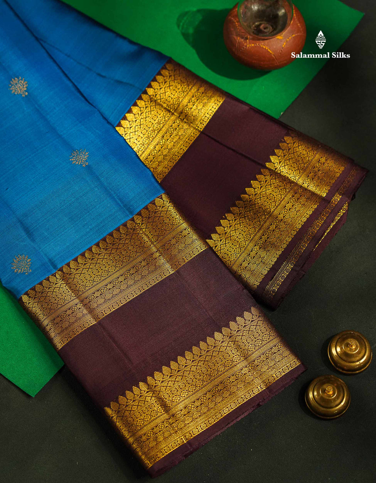 Pure Kanjivaram Silk Saree - Blue Colour Body Butta With Contrast Dark Brown Traditional Gap Border