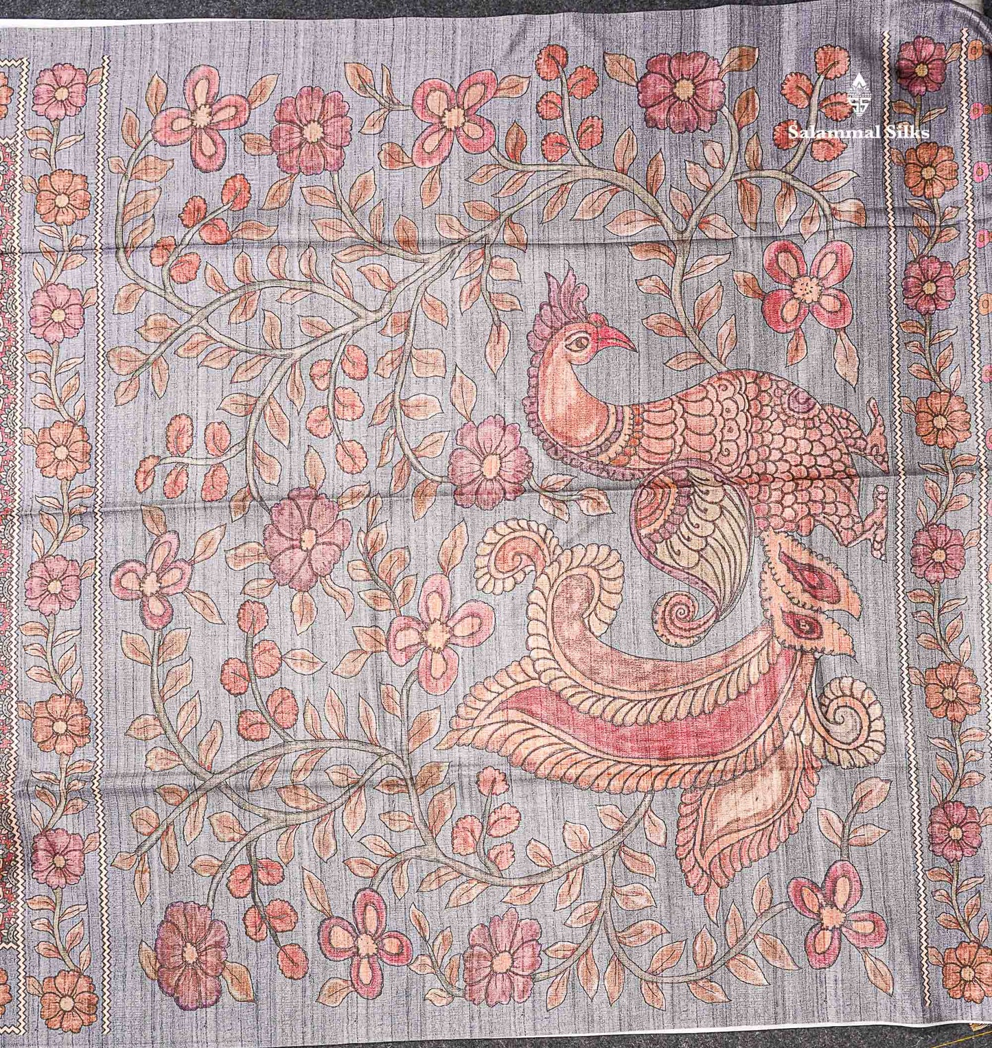 Beautiful Light Maroon Semi Tussar Fancy Saree With Contrast Light Grey Floral Design Border