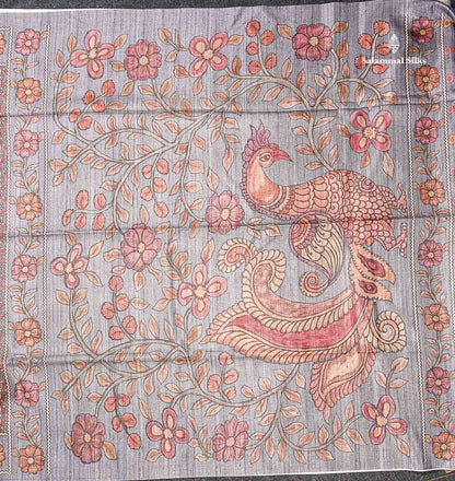 Beautiful Light Maroon Semi Tussar Fancy Saree With Contrast Light Grey Floral Design Border