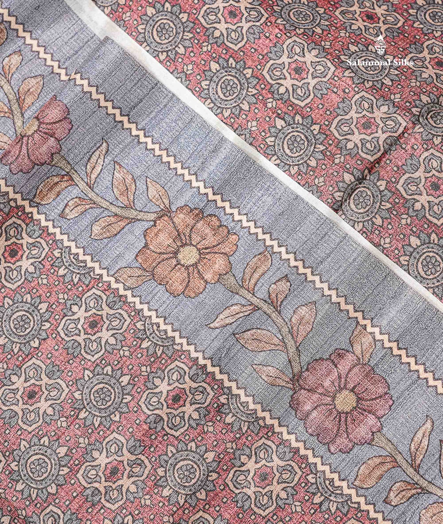 Beautiful Light Maroon Semi Tussar Fancy Saree With Contrast Light Grey Floral Design Border