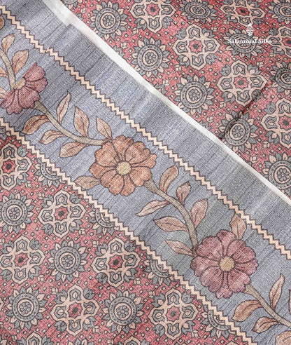 Beautiful Light Maroon Semi Tussar Fancy Saree With Contrast Light Grey Floral Design Border
