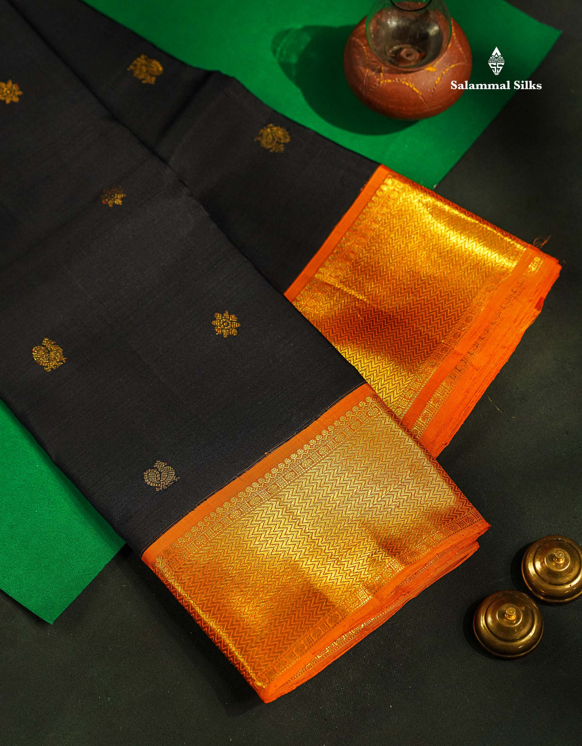 Korvai Beautiful Black Pure Kanjivaram Silk Saree With Contrast Orange Traditional Border
