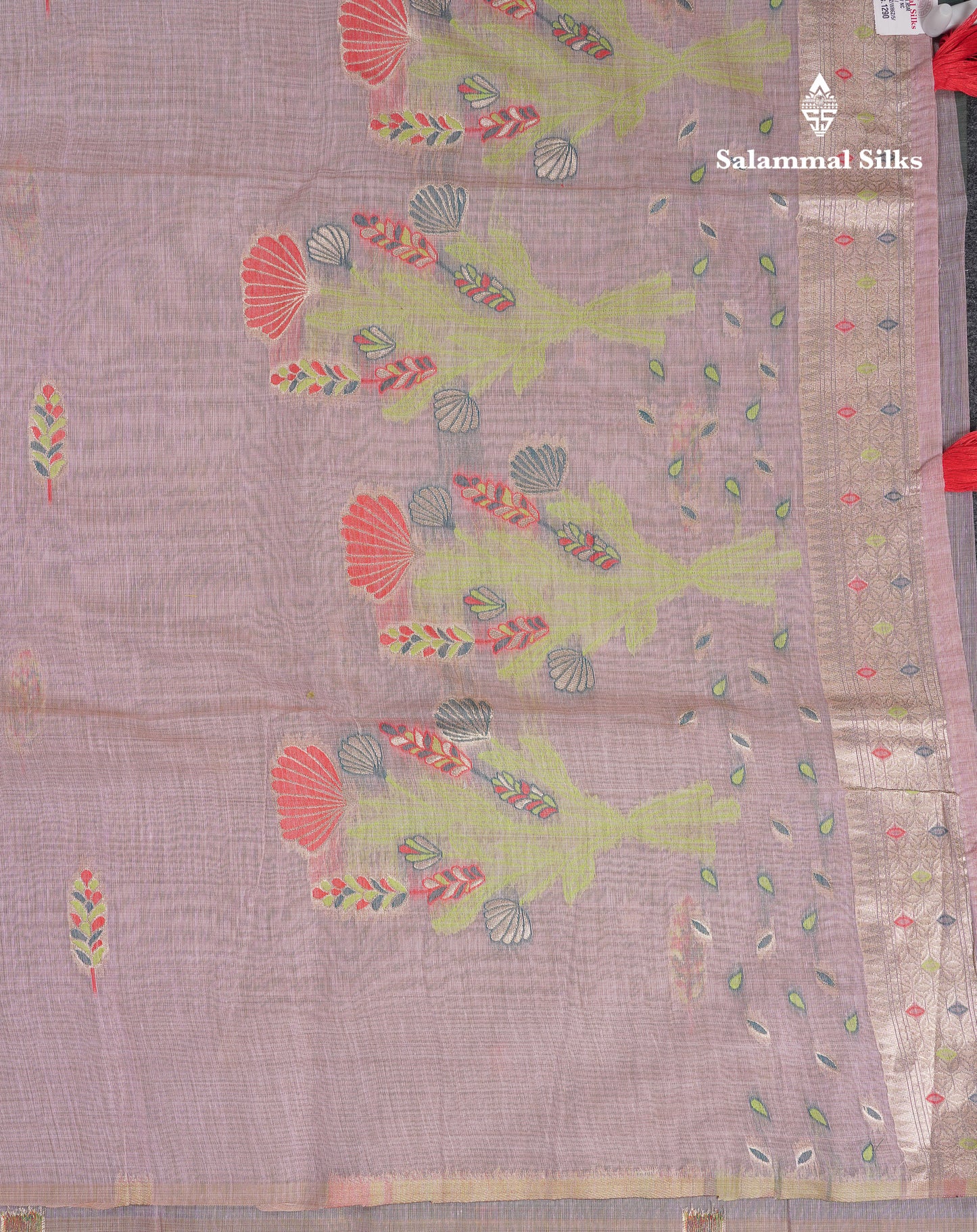 Beautiful Light Lavender Menakari Work Butta Muga Cotton Saree With Contrast Peacock Green Blouse
